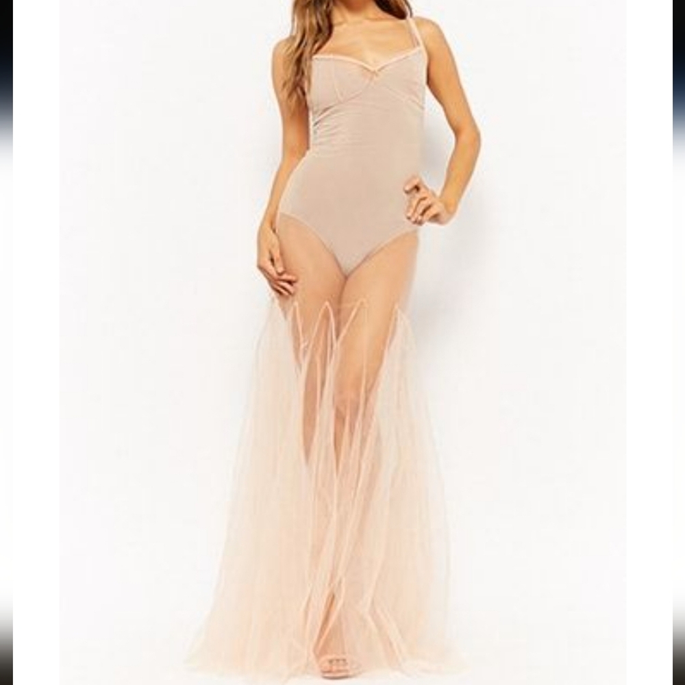 Kiki Riki Sheer Tulle Maxi Dress Nude Blush Small Mesh Bodysuit Gown
